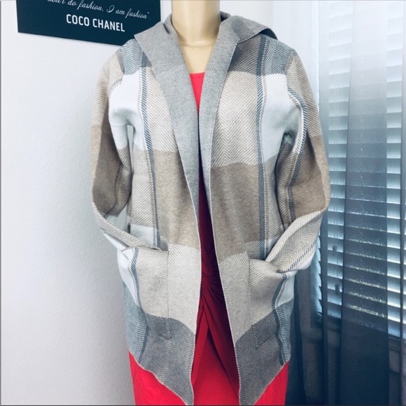 Joseph A Neutral Plaid Hoodie Long Sleeves Open Front Cardigan Size Small - Picture 4 of 10